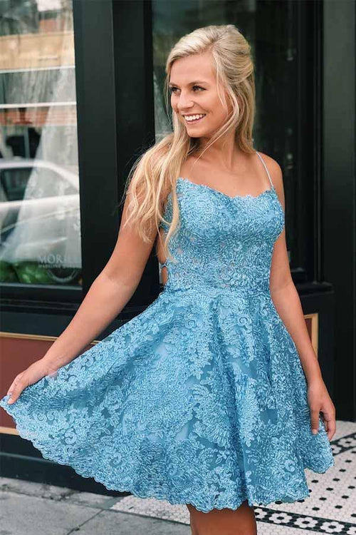 A Line Spaghetti Straps Cross Back Blue Lace Short Prom Dresses