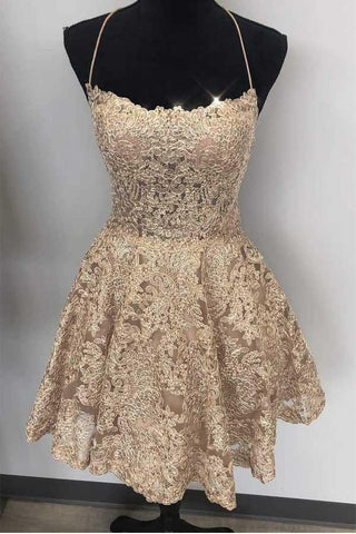 Kurzes, blaues Ballkleid aus Spitze in A-Linie mit Spaghettiträgern und gekreuztem Rücken