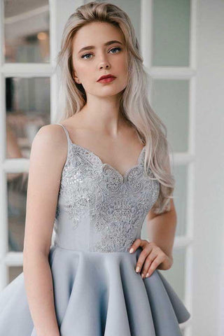 A-Line Spaghetti Straps Grey Satin Homecoming Dress with Appliques