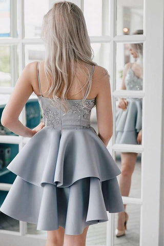 A-Line Spaghetti Straps Grey Satin Homecoming Dress with Appliques