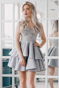 A-Line Spaghetti Straps Grey Satin Homecoming Dress with Appliques