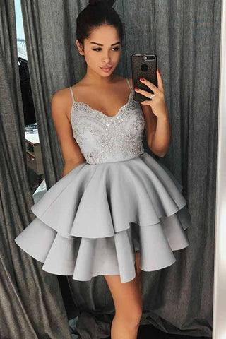 A-Line Spaghetti Straps Grey Satin Homecoming Dress with Lace Beading