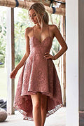 A-Line Spaghetti Straps High Low Blush Lace Homecoming Dress