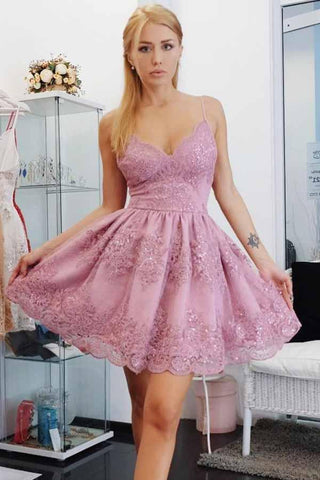 A-Line Spaghetti Straps Homecoming Prom Dress with Appliques