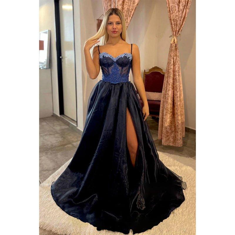 NumberSea - A - line Spaghetti Straps Lace Appliques Sparkly Prom Dress Long