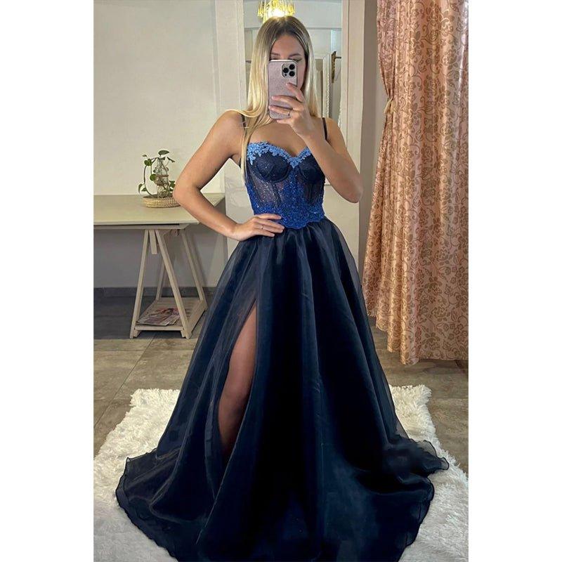 NumberSea - A - line Spaghetti Straps Lace Appliques Sparkly Prom Dress Long