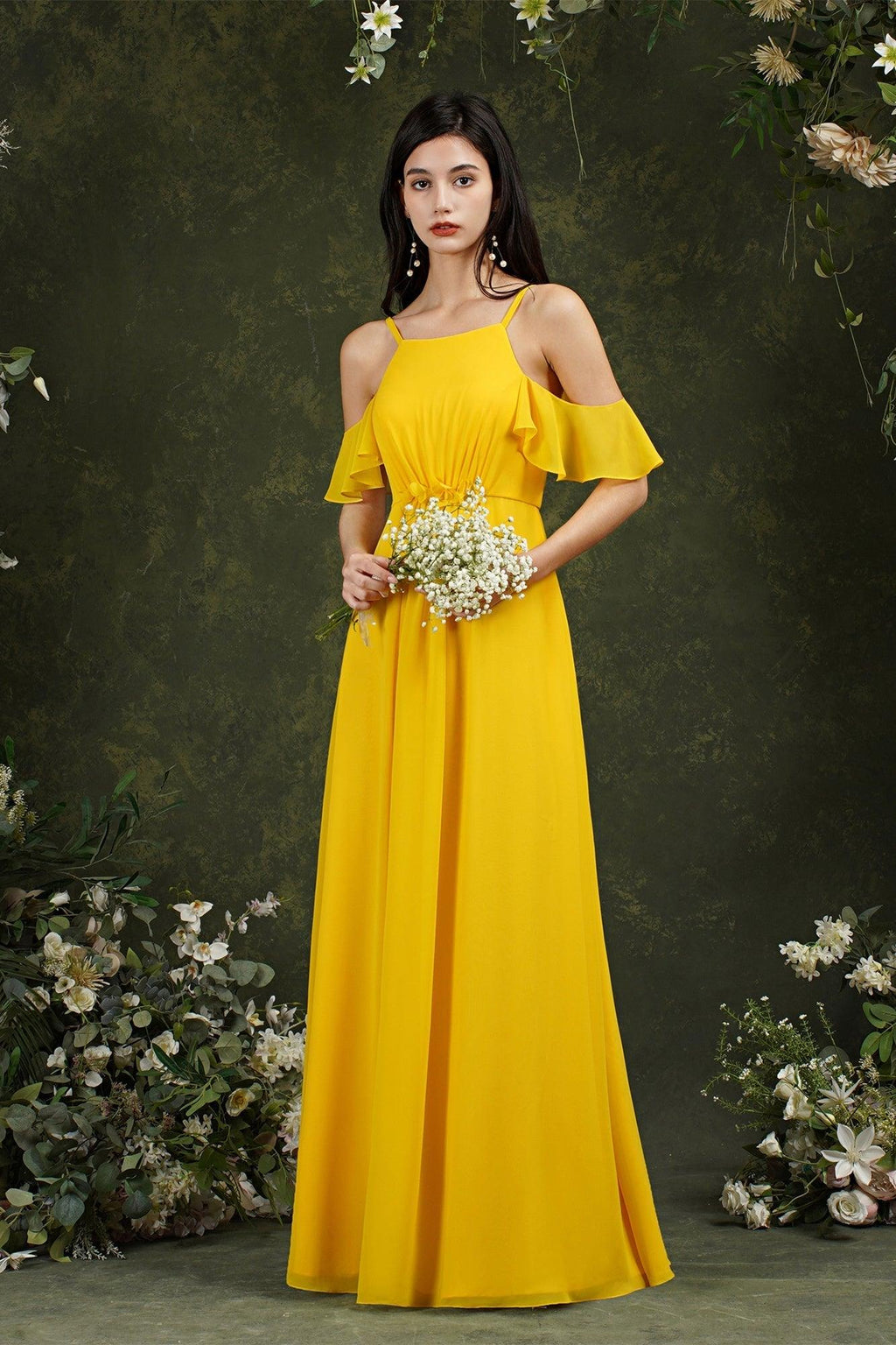 A-Line Spaghetti Straps Off-the-shoulder Ruffles Chiffon Bridesmaid Dress With Pockets