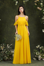 A-Line Spaghetti Straps Off-the-shoulder Ruffles Chiffon Bridesmaid Dress With Pockets