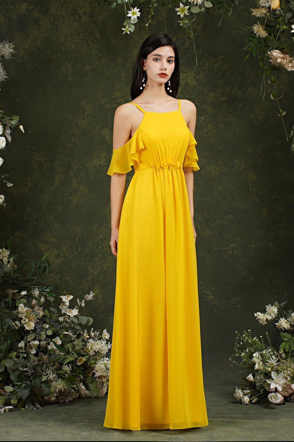 A-Line Spaghetti Straps Off-the-shoulder Ruffles Chiffon Bridesmaid Dress With Pockets