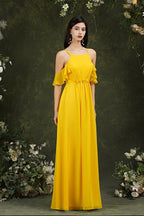 A-Line Spaghetti Straps Off-the-shoulder Ruffles Chiffon Bridesmaid Dress With Pockets