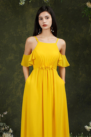 A-Line Spaghetti Straps Off-the-shoulder Ruffles Chiffon Bridesmaid Dress With Pockets
