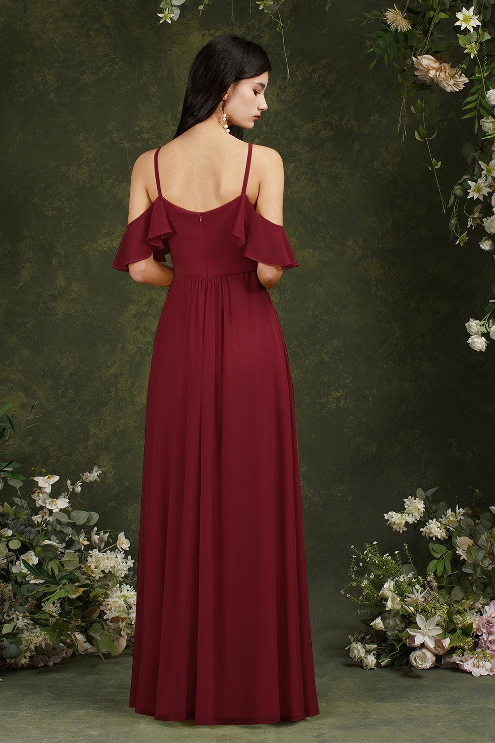 A-Line Spaghetti Straps Off-the-shoulder Ruffles Chiffon Bridesmaid Dress With Pockets