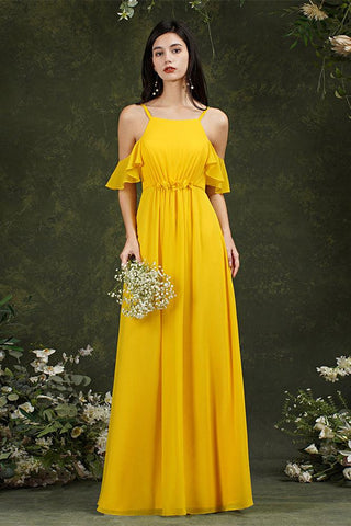 A-Line Spaghetti Straps Off-the-shoulder Ruffles Chiffon Bridesmaid Dress With Pockets