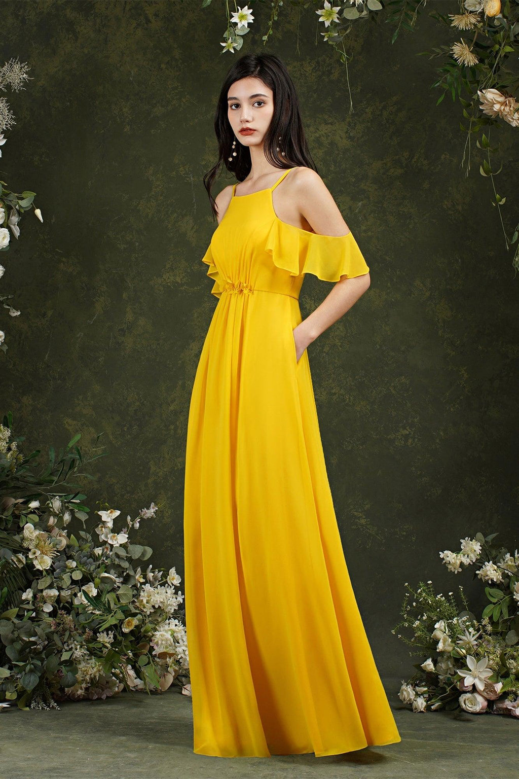 A-Line Spaghetti Straps Off-the-shoulder Ruffles Chiffon Bridesmaid Dress With Pockets