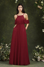 A-Line Spaghetti Straps Off-the-shoulder Ruffles Chiffon Bridesmaid Dress With Pockets