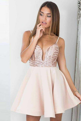 A-Line Spaghetti Straps Pearl Pink Homecoming Party Dress with Sequins