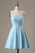 NumberSea - A - Line Spaghetti Straps Short Blue Satin Homecoming Dress