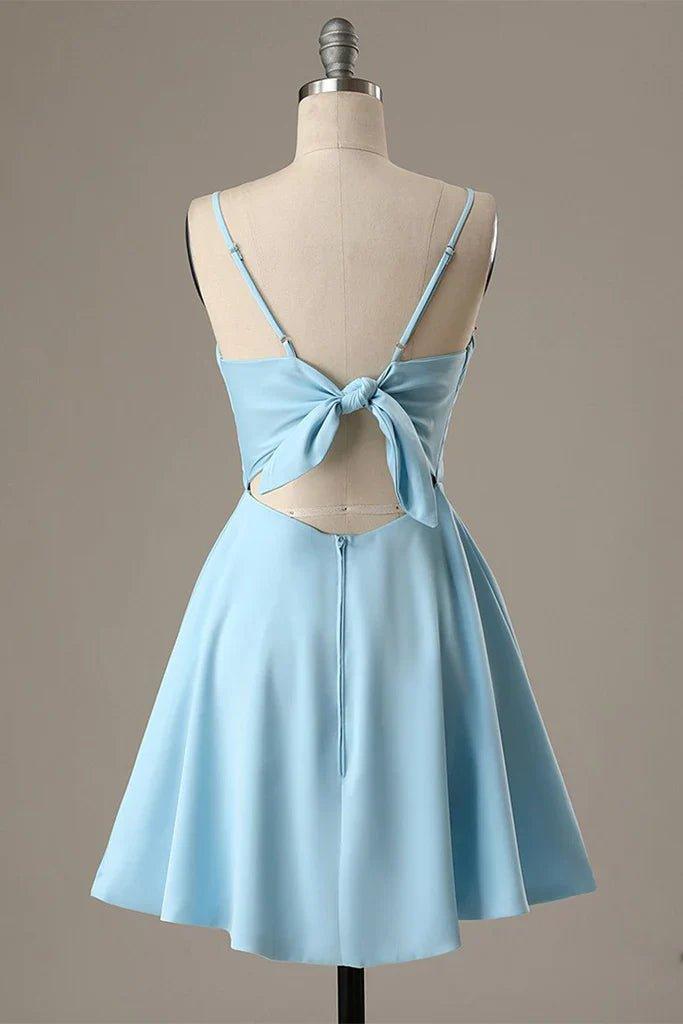 NumberSea - A - Line Spaghetti Straps Short Blue Satin Homecoming Dress