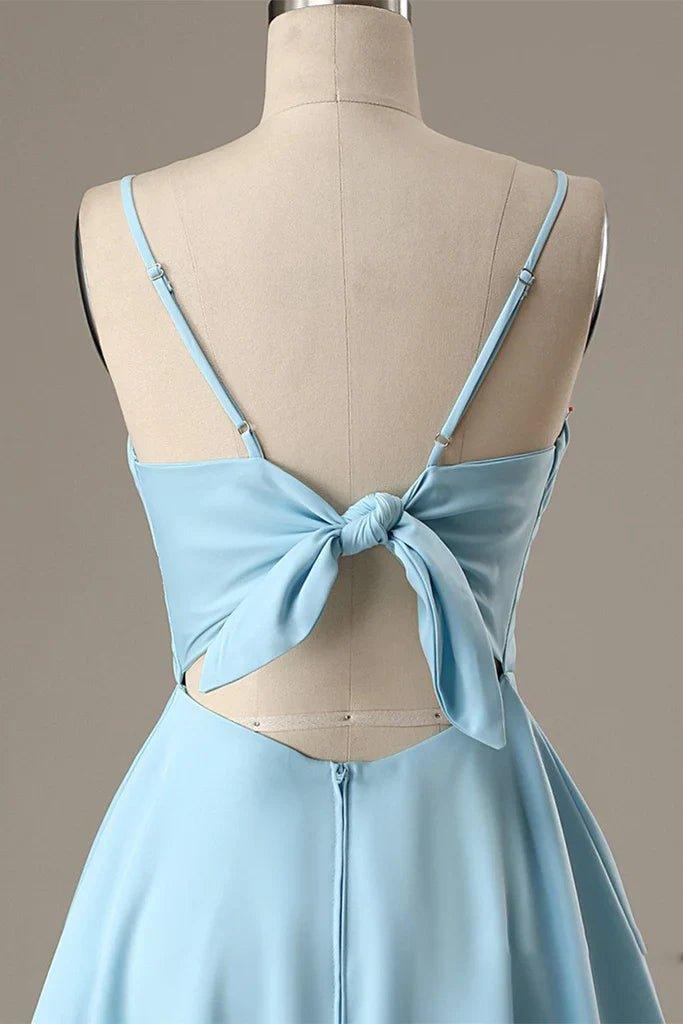NumberSea - A - Line Spaghetti Straps Short Blue Satin Homecoming Dress