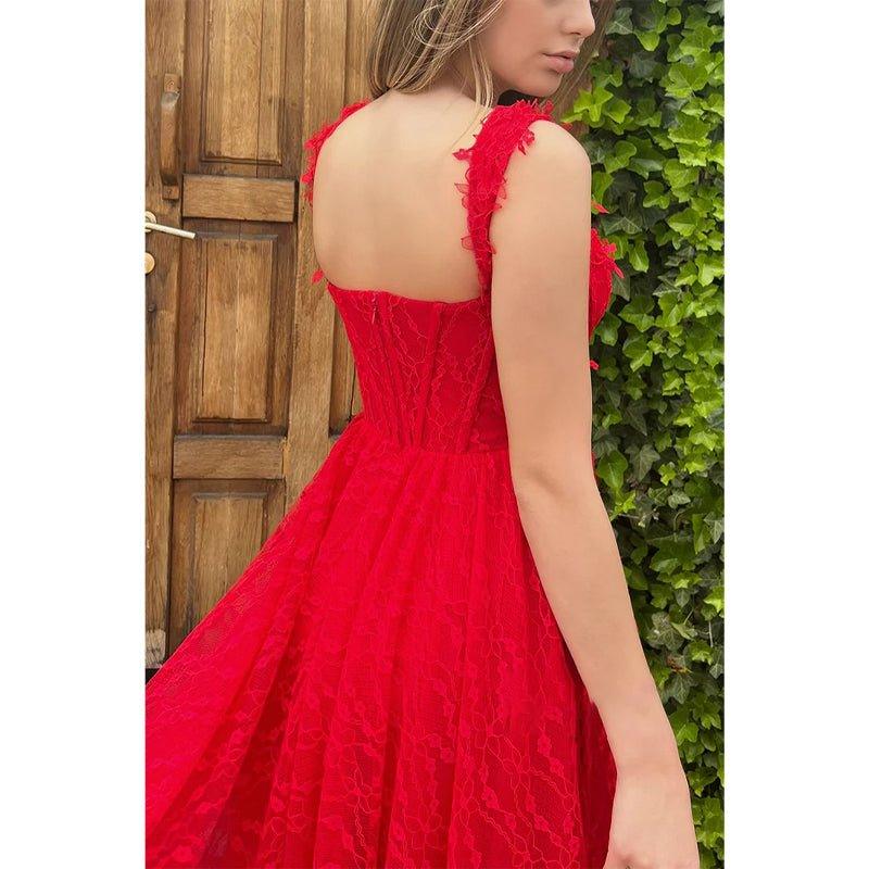 NumberSea-A-Line Spaghetti Straps Side Slit Red Lace Formal Evening Dress As Picture / 18w