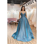 NumberSea - A - line Spaghetti Straps Sparkle Tulle Long Prom Dress with Pockest