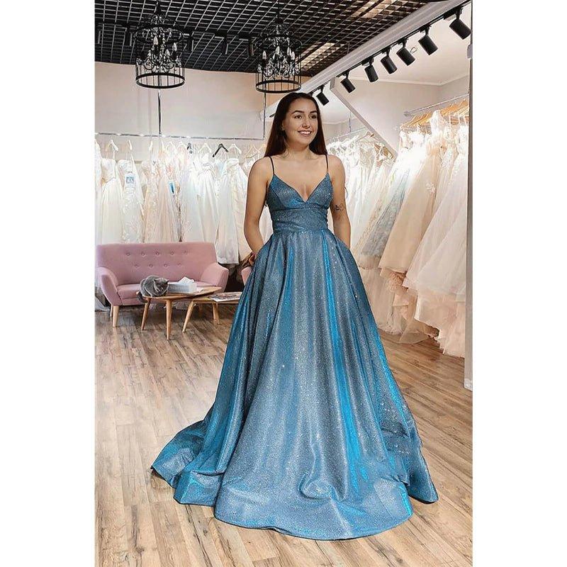 NumberSea - A - line Spaghetti Straps Sparkle Tulle Long Prom Dress with Pockest