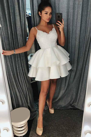 A-Line Spaghetti Straps Tiered Short Satin Homecoming Dress with Lace