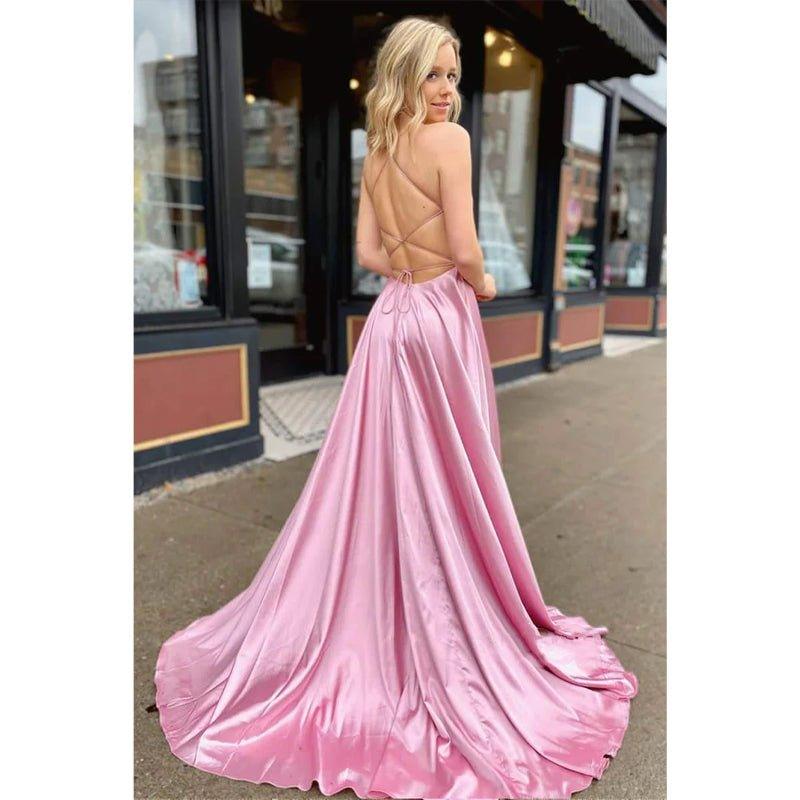 NumberSea - A - line Spaghetti Straps V - neck High Split Simple Prom Dress
