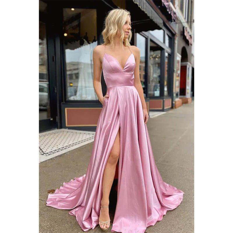 NumberSea - A - line Spaghetti Straps V - neck High Split Simple Prom Dress