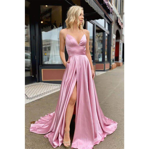 NumberSea - A - line Spaghetti Straps V - neck High Split Simple Prom Dress