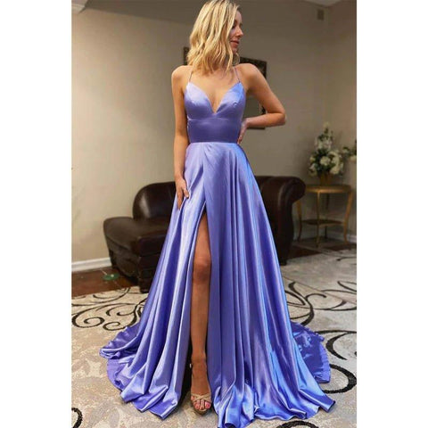NumberSea - A - line Spaghetti Straps V - neck High Split Simple Prom Dress