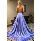 NumberSea - A - line Spaghetti Straps V - neck High Split Simple Prom Dress