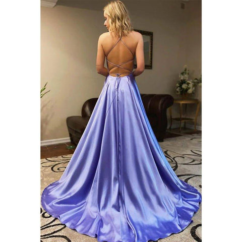 NumberSea - A - line Spaghetti Straps V - neck High Split Simple Prom Dress