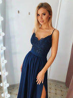 NumberSea - A Line Spaghetti Straps V Neck Lace Side Slit Prom Dresses