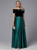 NumberSea - A - Line Special Occasion Dresses Elegant Dress Wedding Guest Floor Length Short Sleeve Off Shoulder Satin with Crystals