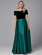 NumberSea - A - Line Special Occasion Dresses Elegant Dress Wedding Guest Floor Length Short Sleeve Off Shoulder Satin with Crystals