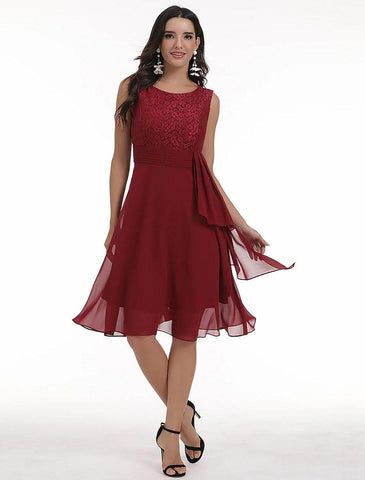 NumberSea - A - Line Special Occasion Dresses Hot Dress Holiday Homecoming Knee Length Sleeveless Jewel Neck Chiffon with Draping Lace Insert