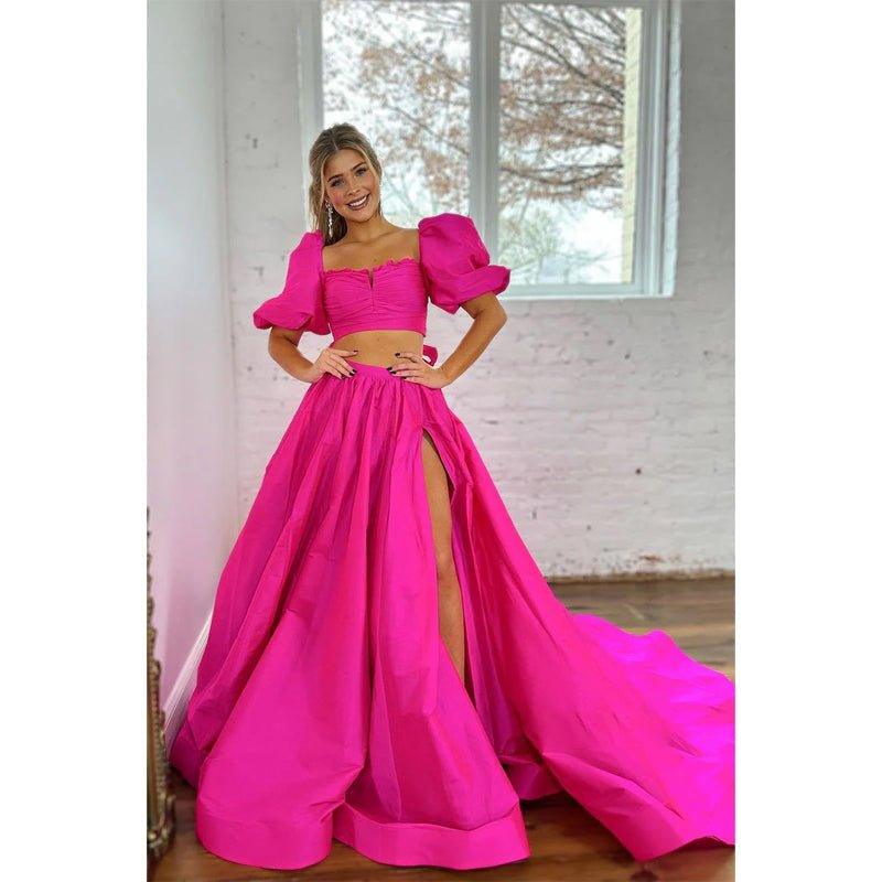 NumberSea - A - line Square Bowknot Two - piece Pink Long Prom Dress with Slit Evening Gowns