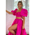 NumberSea - A - line Square Bowknot Two - piece Pink Long Prom Dress with Slit Evening Gowns
