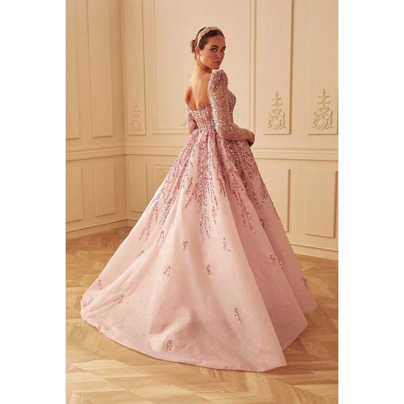 NumberSea - A - Line Square Neck Beaded Long Sleeves Tulle Prom Evening Formal Dress