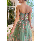 NumberSea - A - Line Strapless Appliqued Tulle Midi Length Prom Evening Dress