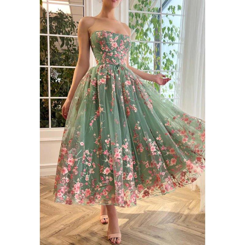 NumberSea - A - Line Strapless Appliqued Tulle Midi Length Prom Evening Dress