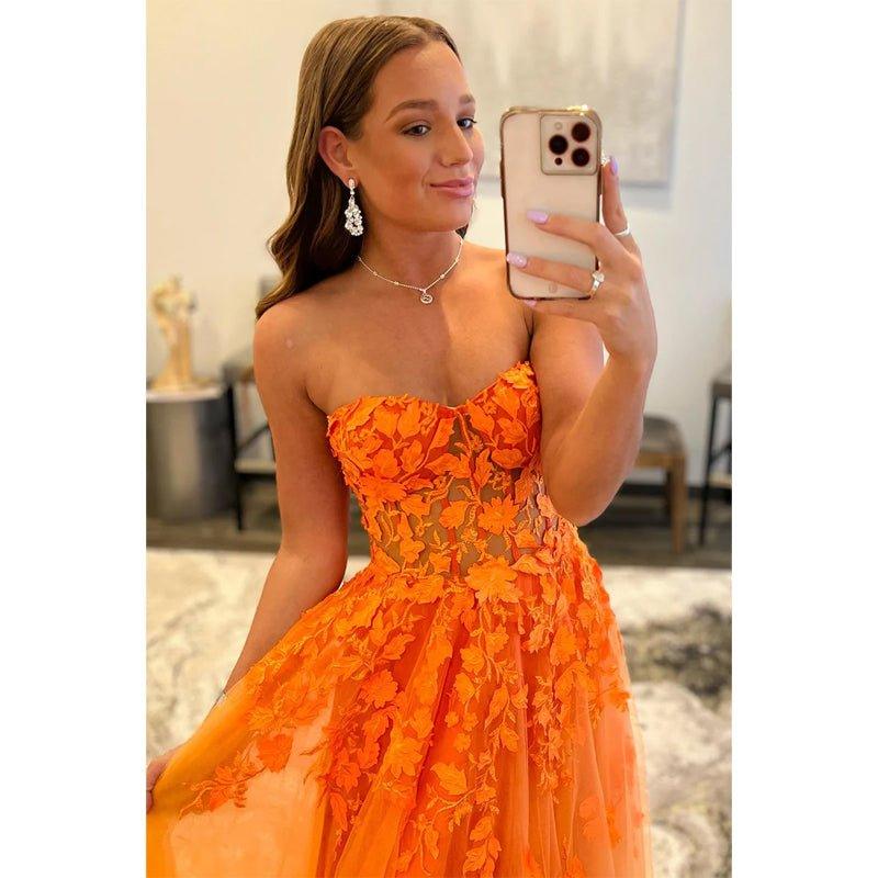 NumberSea - A - line Strapless Lace Appliques Senior Prom Dress