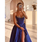 NumberSea - A Line Strapless Satin Beads Long Prom Formal Dress with Slit