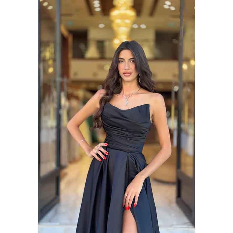 NumberSea - A Line Strapless Satin Pleated Long Prom Evening Dress With Slit