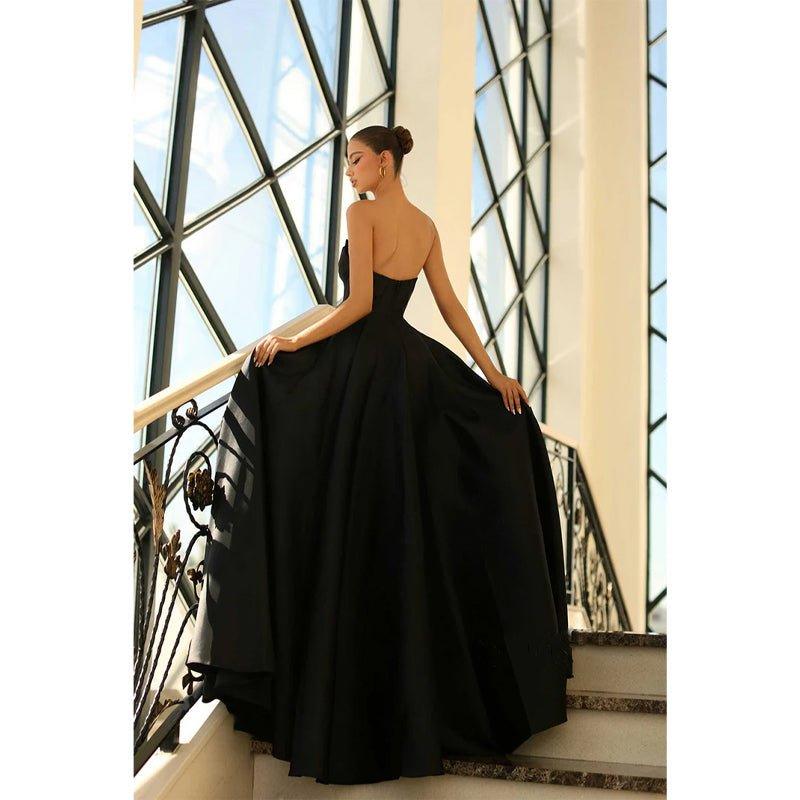 NumberSea - A Line Strapless Satin Pleats Long Prom Formal Dress with Pockets
