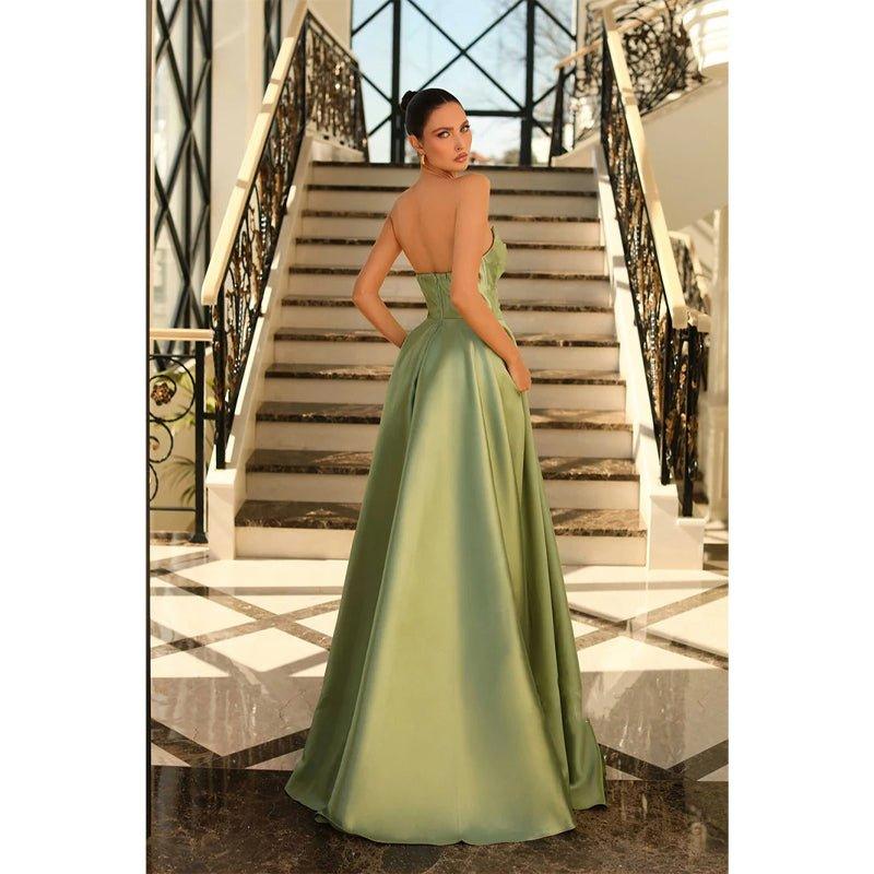 NumberSea - A Line Strapless Satin Pleats Long Prom Formal Dress with Pockets