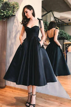 A-Line Straps Mid-Calf Sky Blue Satin Homecoming Dress with Pockets