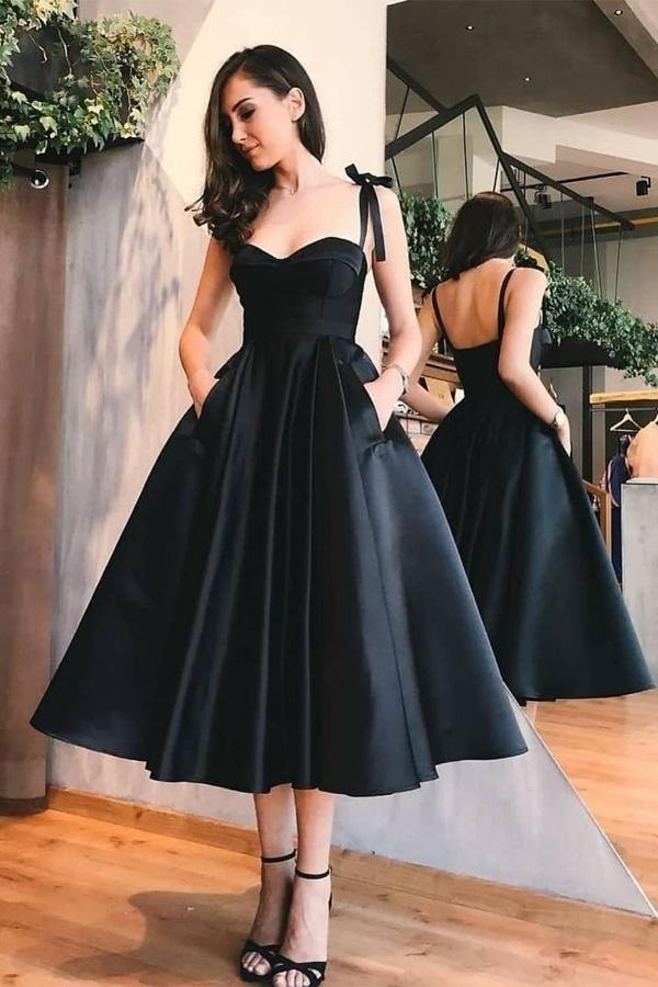 A-Line Straps Mid-Calf Sky Blue Satin Homecoming Dress with Pockets