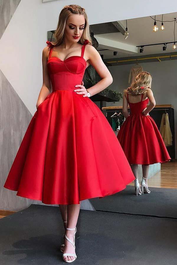 A-Line Straps Mid-Calf Sky Blue Satin Homecoming Dress with Pockets